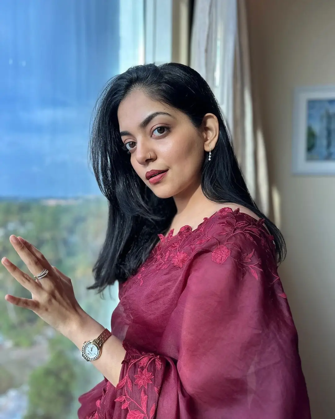 Ahaana Krishna in Maroon Saree Sleeveless Blouse